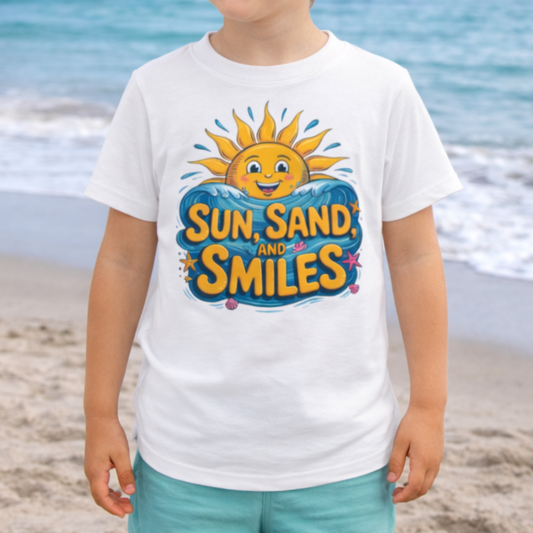Child wearing a 'Sun, Sand, and Smiles' t-shirt on a beach