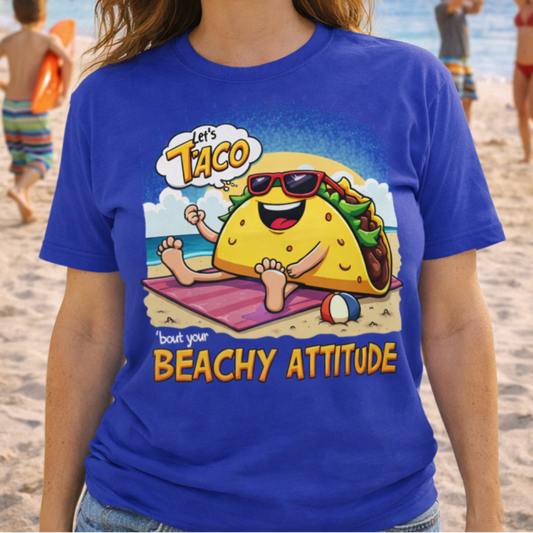 Woman wearing a blue t-shirt with a taco graphic with text "Let's T-aco about your beachy attitude.