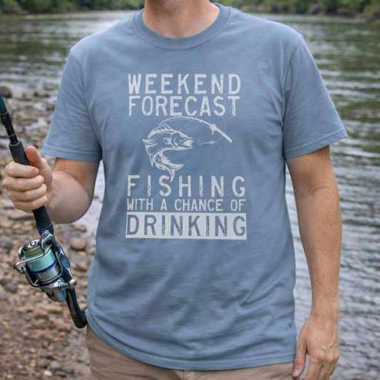 Man wearing a blue t-shirt with fishing graphic and text Weekend Forecast Fishing with a Chance of Fishing.
