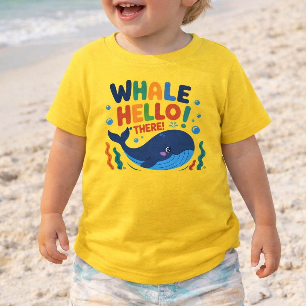 Child wearing a yellow shirt with a whale design with text Whale Hello There.