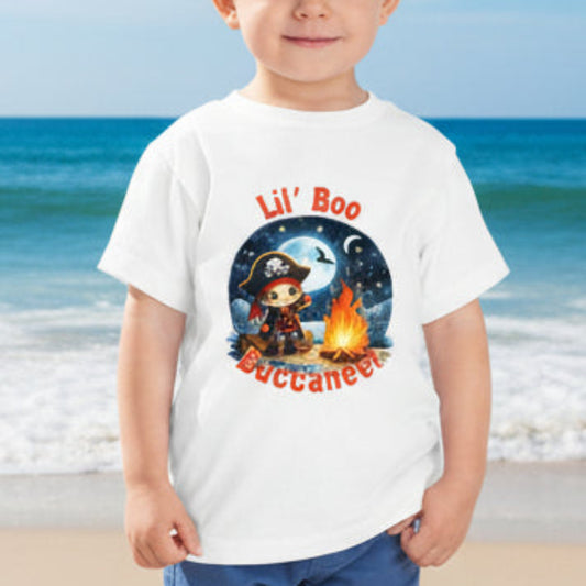 Child wearing a 'Lil' Boo Buccaneers' shirt in a pumpkin patch with scarecrows and pumpkins.