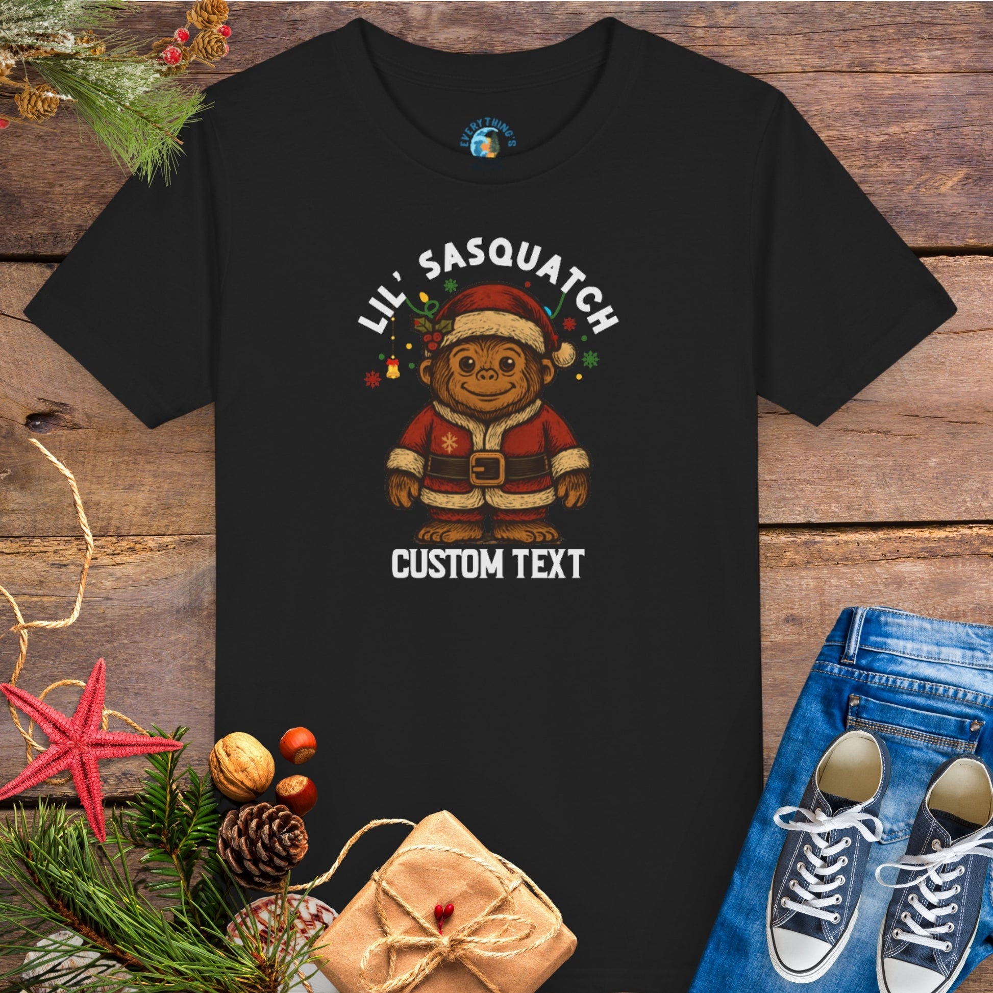 Black t-shirt with 'Lil' Sasquatch' custom text group family Christmas tee.