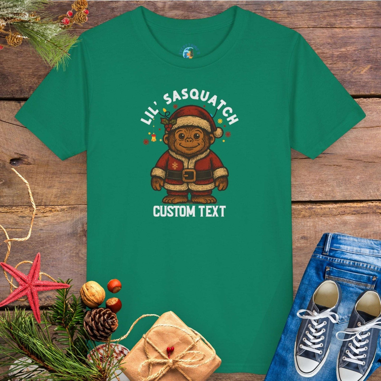 Green t-shirt with 'Lil' Sasquatch' custom text group family Christmas tee.