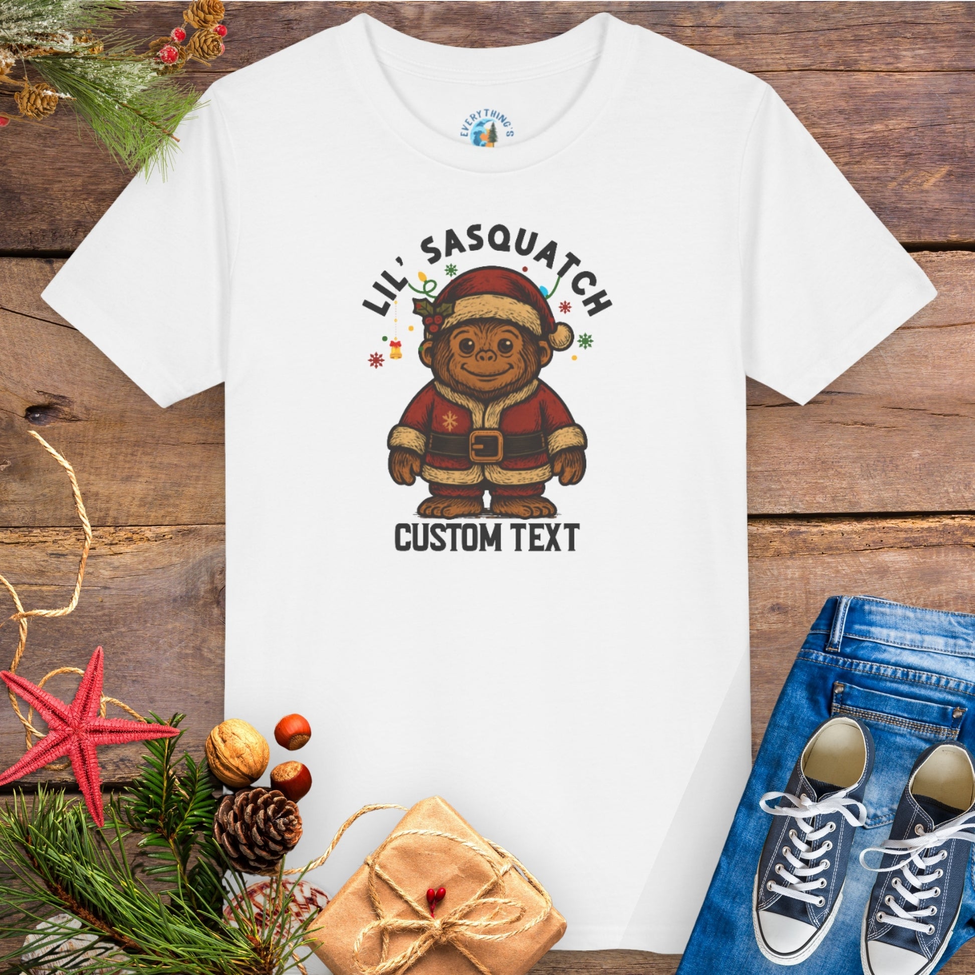 White t-shirt with 'Lil' Sasquatch' custom text group family Christmas tee.