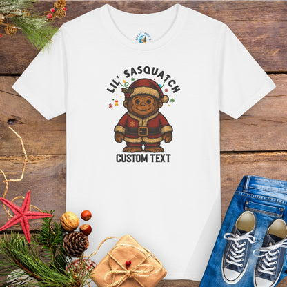 White t-shirt with 'Lil' Sasquatch' custom text group family Christmas tee.