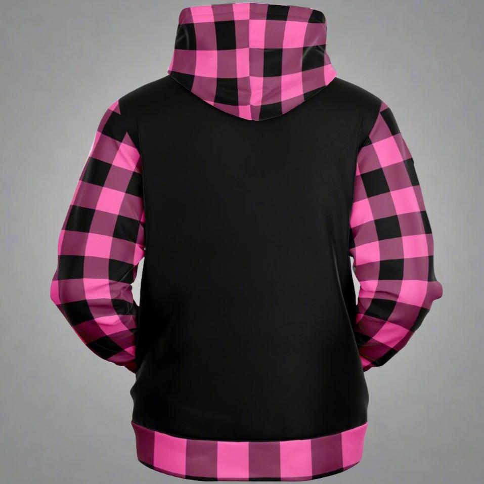 Back of black hoodie with hot pink and black gingham sleeves, hood and bottom cuff.