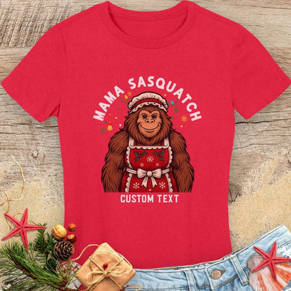 Red t-shirt with 'Mama Sasquatch' graphic with custom text.