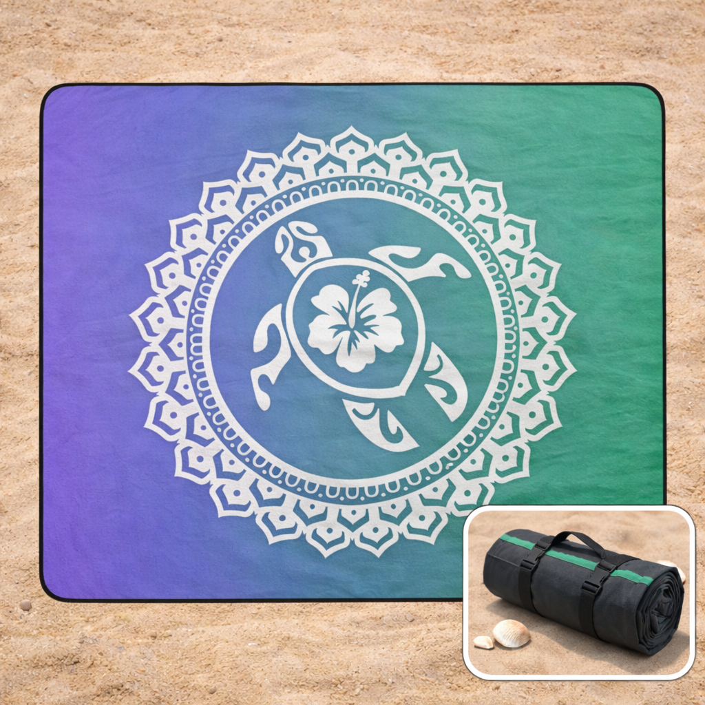 Outdoor beach blanket with mandala turtle and flower design on a gradient purple and green background, with an inset of it rolled up as tote.