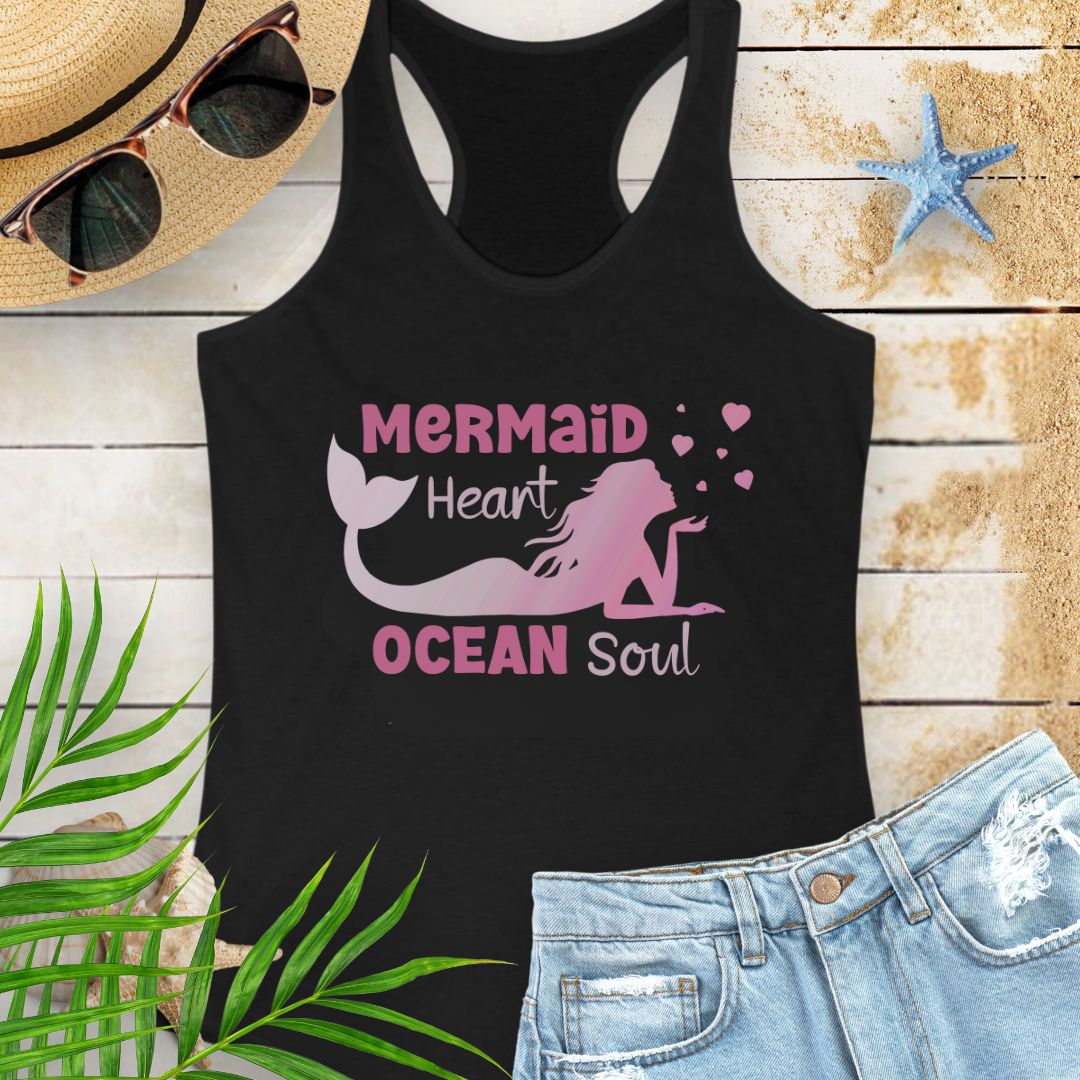 Black Racerback tank top with mermaid blowing heart bubbles with the phrase Mermaid Heart Ocean Soul -inspired beachy vibe and ocean soul energy, perfect for summer adventures and ocean lovers.