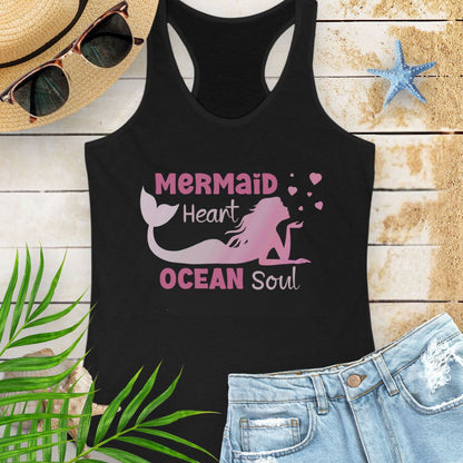 Black Racerback tank top with mermaid blowing heart bubbles with the phrase Mermaid Heart Ocean Soul -inspired beachy vibe and ocean soul energy, perfect for summer adventures and ocean lovers.