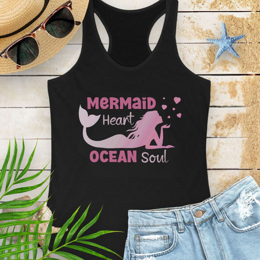 Black Racerback tank top with mermaid blowing heart bubbles with the phrase Mermaid Heart Ocean Soul -inspired beachy vibe and ocean soul energy, perfect for summer adventures and ocean lovers.