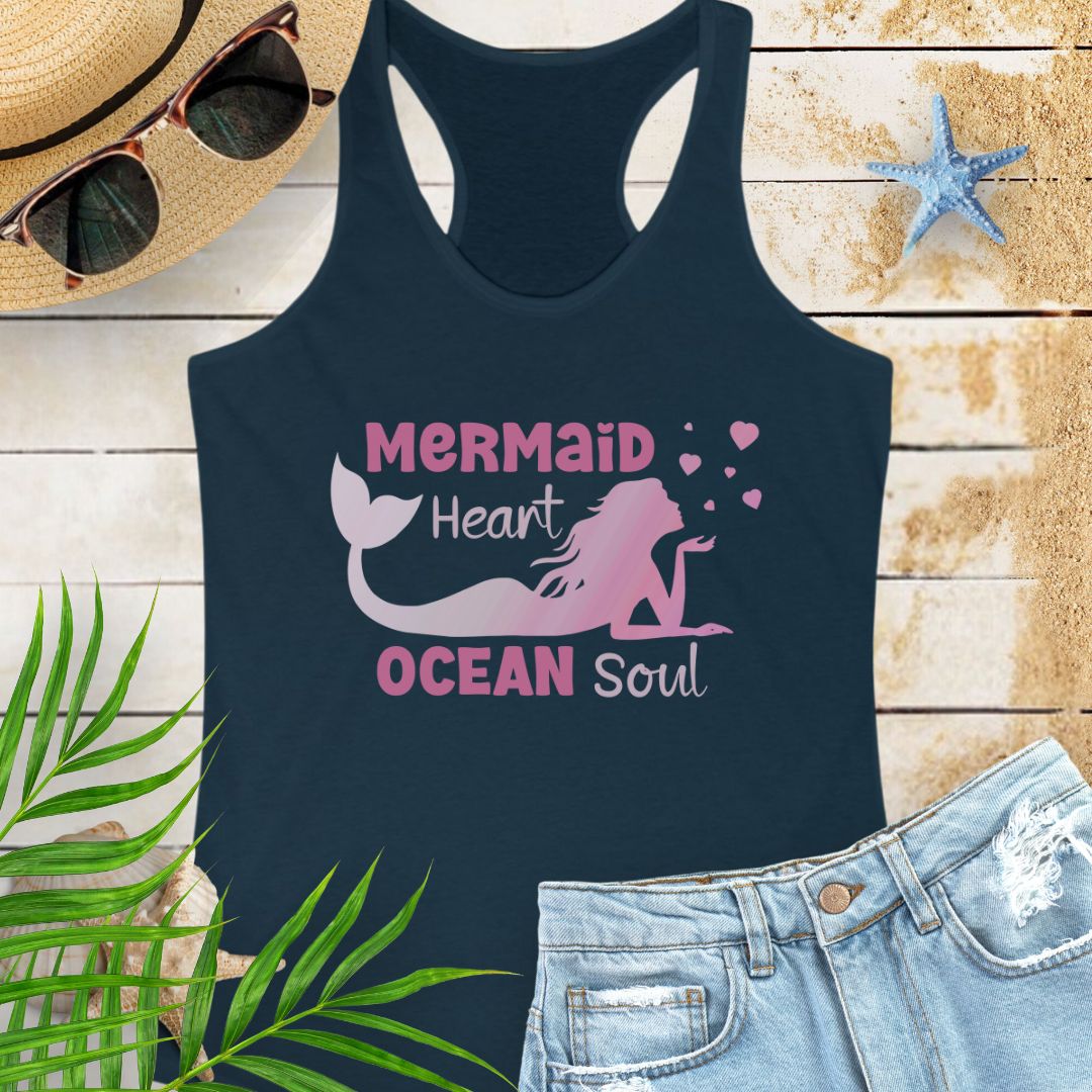 Navy racerback tank top with mermaid blowing heart bubbles with the phrase Mermaid Heart Ocean Soul -inspired beachy vibe and ocean soul energy, perfect for summer adventures and ocean lovers.