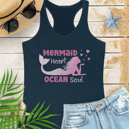 Navy racerback tank top with mermaid blowing heart bubbles with the phrase Mermaid Heart Ocean Soul -inspired beachy vibe and ocean soul energy, perfect for summer adventures and ocean lovers.