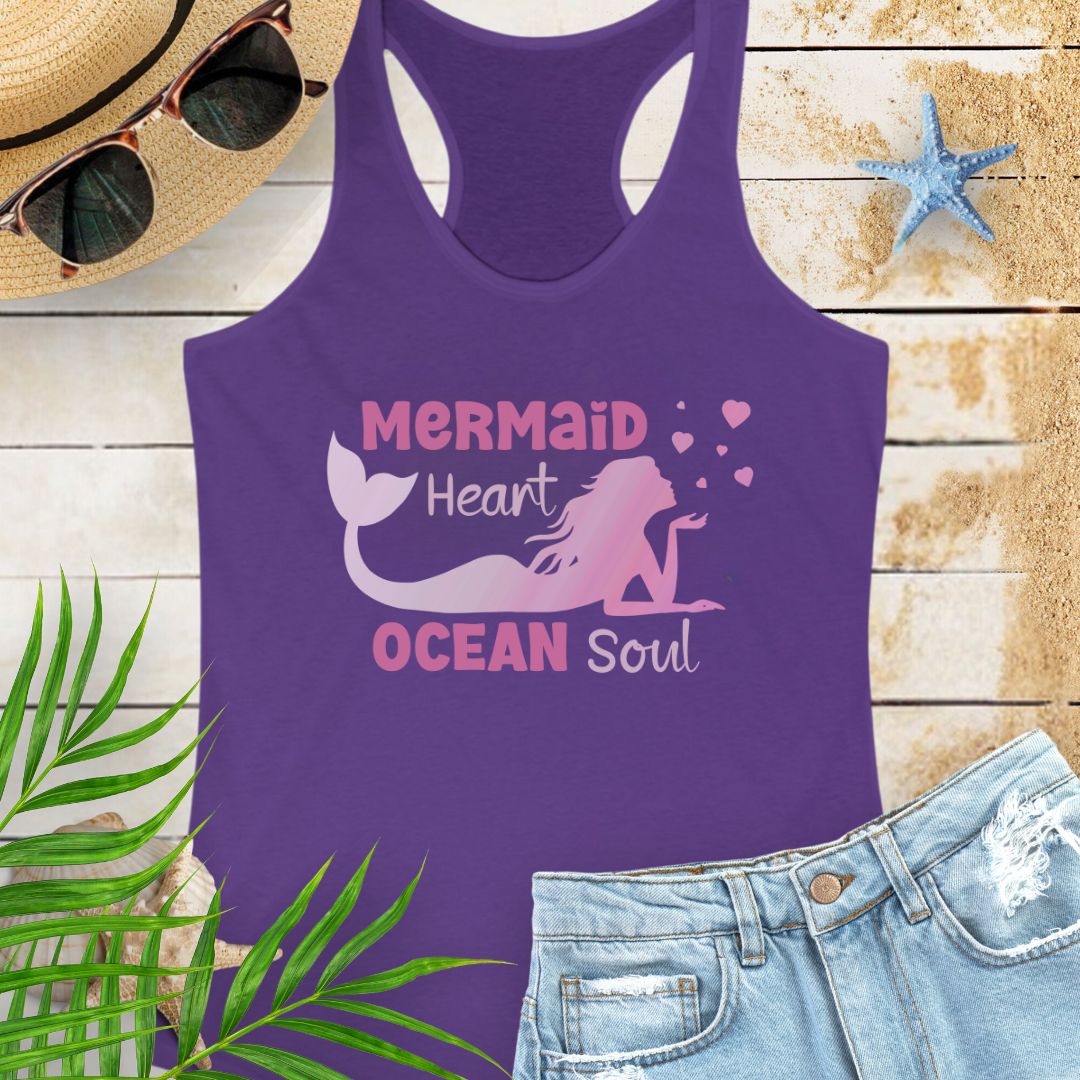Purple racerback tank top with mermaid blowing heart bubbles with the phrase Mermaid Heart Ocean Soul -inspired beachy vibe and ocean soul energy, perfect for summer adventures and ocean lovers.