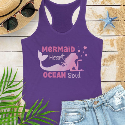 Purple racerback tank top with mermaid blowing heart bubbles with the phrase Mermaid Heart Ocean Soul -inspired beachy vibe and ocean soul energy, perfect for summer adventures and ocean lovers.