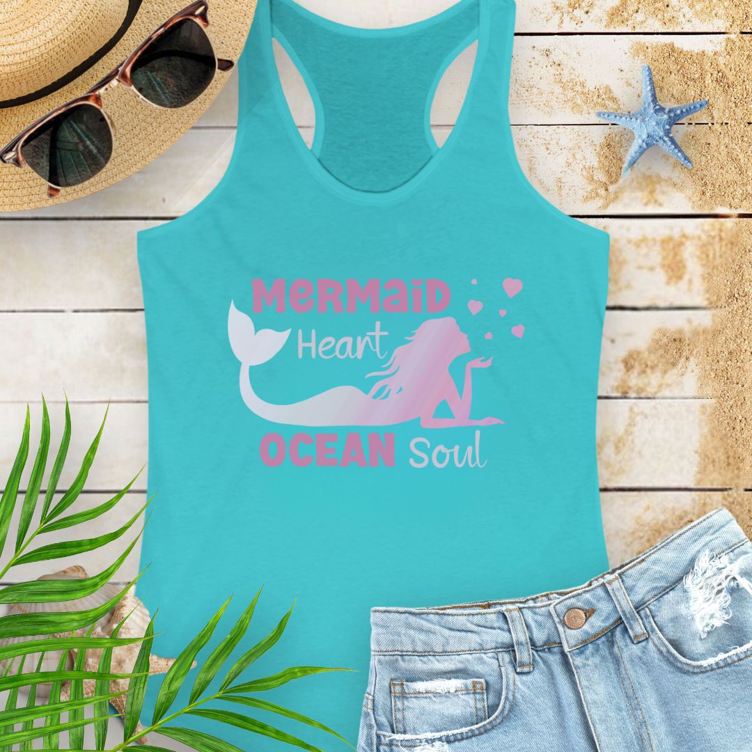 Tahiti blue racerback tank top with mermaid blowing heart bubbles with the phrase Mermaid Heart Ocean Soul -inspired beachy vibe and ocean soul energy, perfect for summer adventures and ocean lovers.