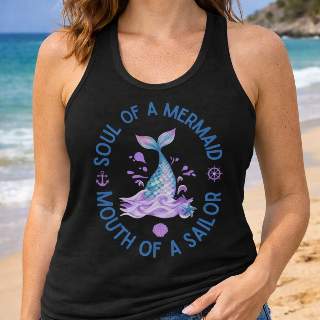 Person wearing a black tank top with a mermaid design and text Soul of a Mermaid Mouth of a Sailor.
