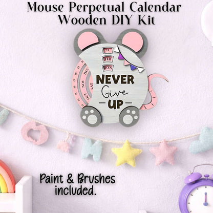 Decorative wall hanging mouse perpetual calendar with 'Never Give Up' text DIY wood kit.