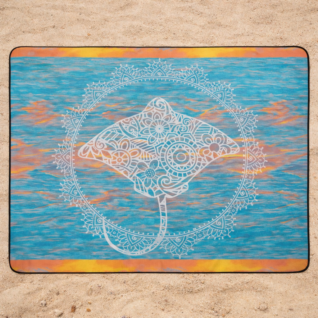 Outdoor beach blanket with orange and turquoise watercolor background with mandala stingray design.