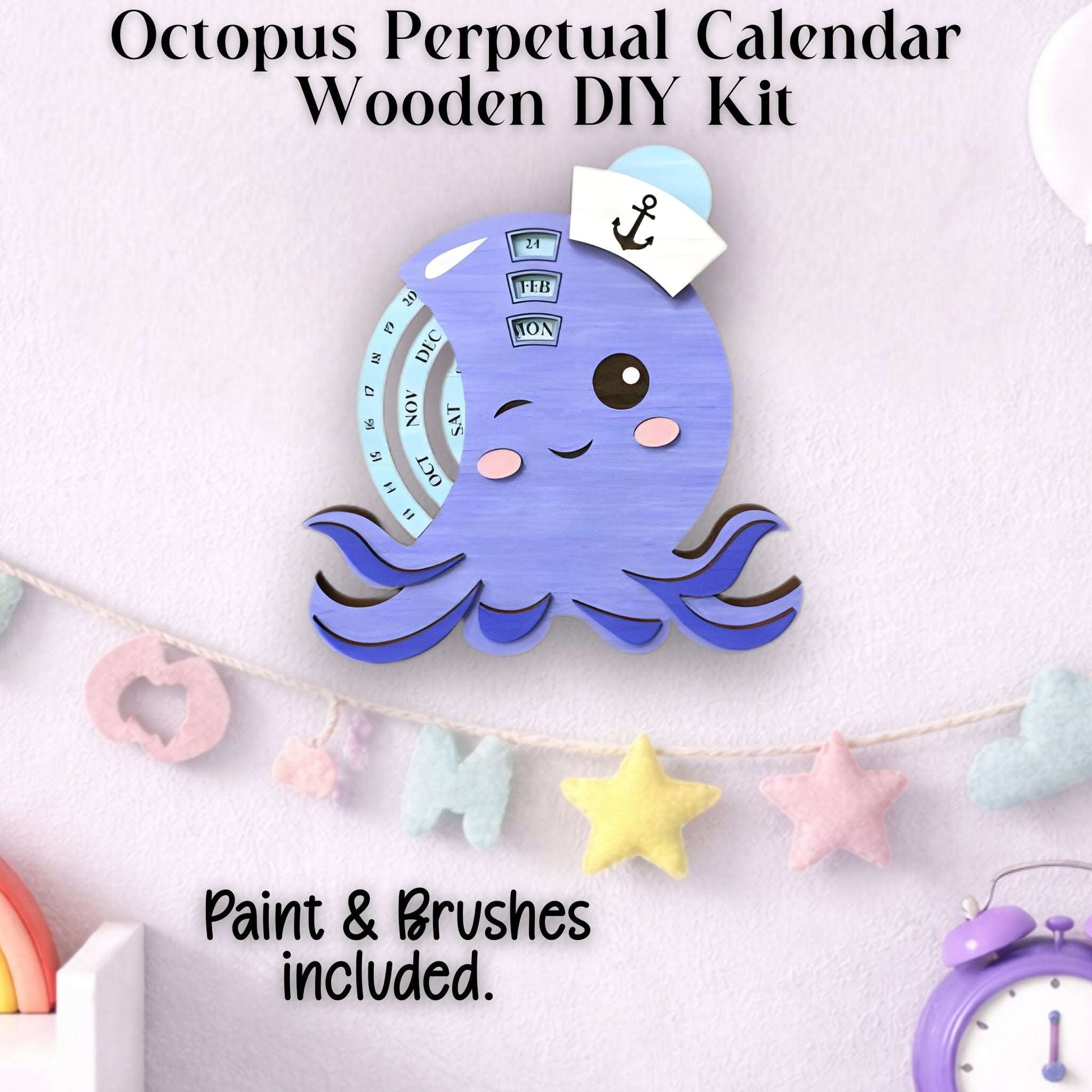 Octopus perpetual calendar wooden DIY kit with paint and brushes shown completed.