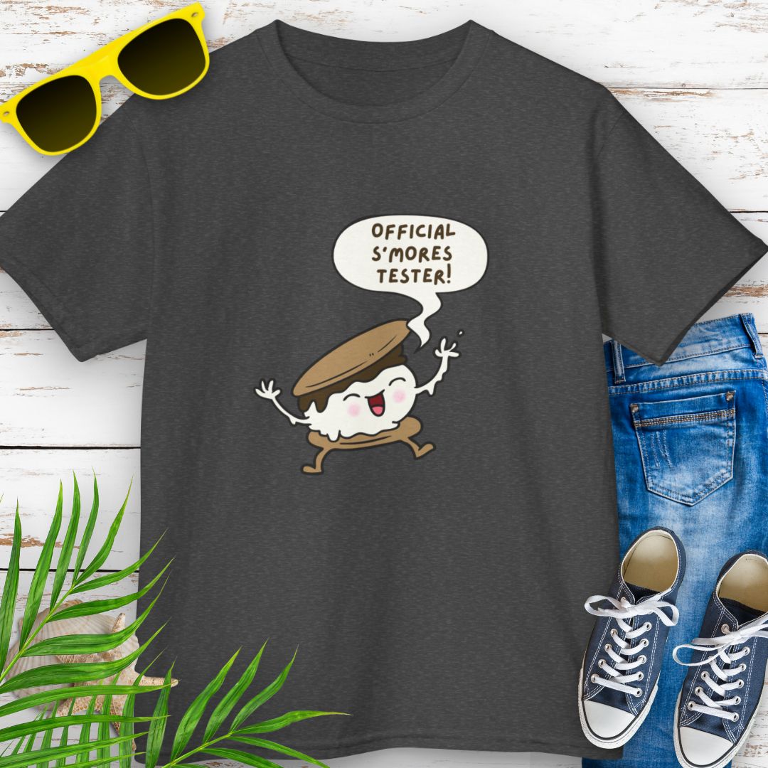 Dark heather greay child’s t-shirt with "Official S’mores Tester"  speech bubble and cartoon s'more– fun campfire-themed shirt for kids.