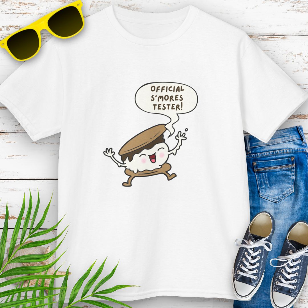 White child’s t-shirt with "Official S’mores Tester"  speech bubble and cartoon s'more– fun campfire-themed shirt for kids.
