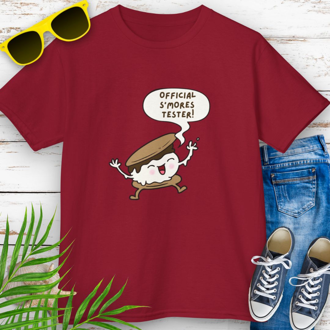 Cardinal red child’s t-shirt with "Official S’mores Tester"  speech bubble and cartoon s'more– fun campfire-themed shirt for kids.