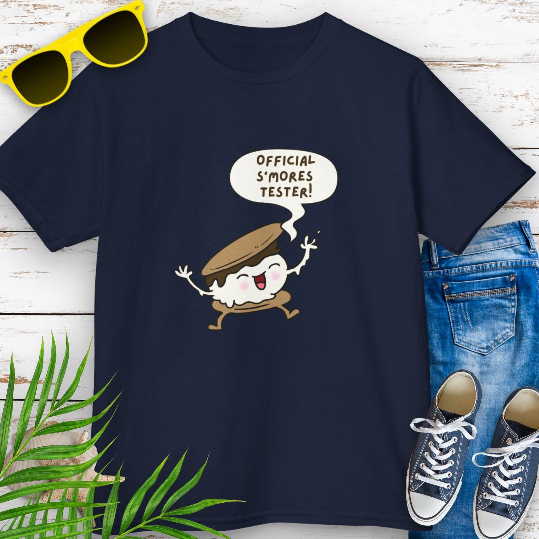 Navy child’s t-shirt with "Official S’mores Tester"  speech bubble and cartoon s'more– fun campfire-themed shirt for kids.