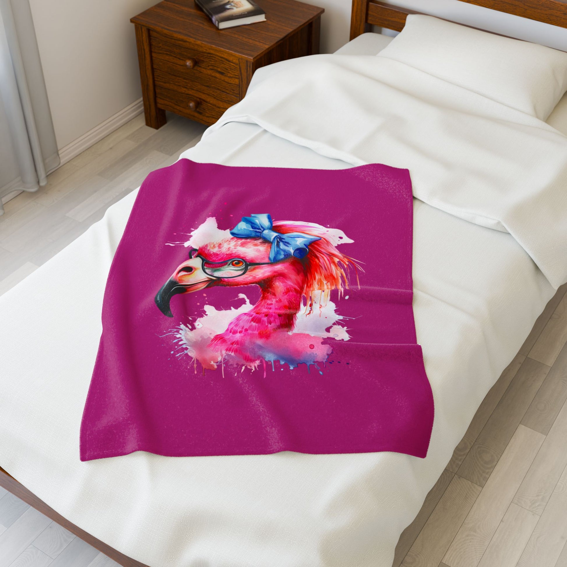 Glam Flamingo Plush Pink 30 x 40 Blanket with watercolor flamingo head, glasses, and blue bow.