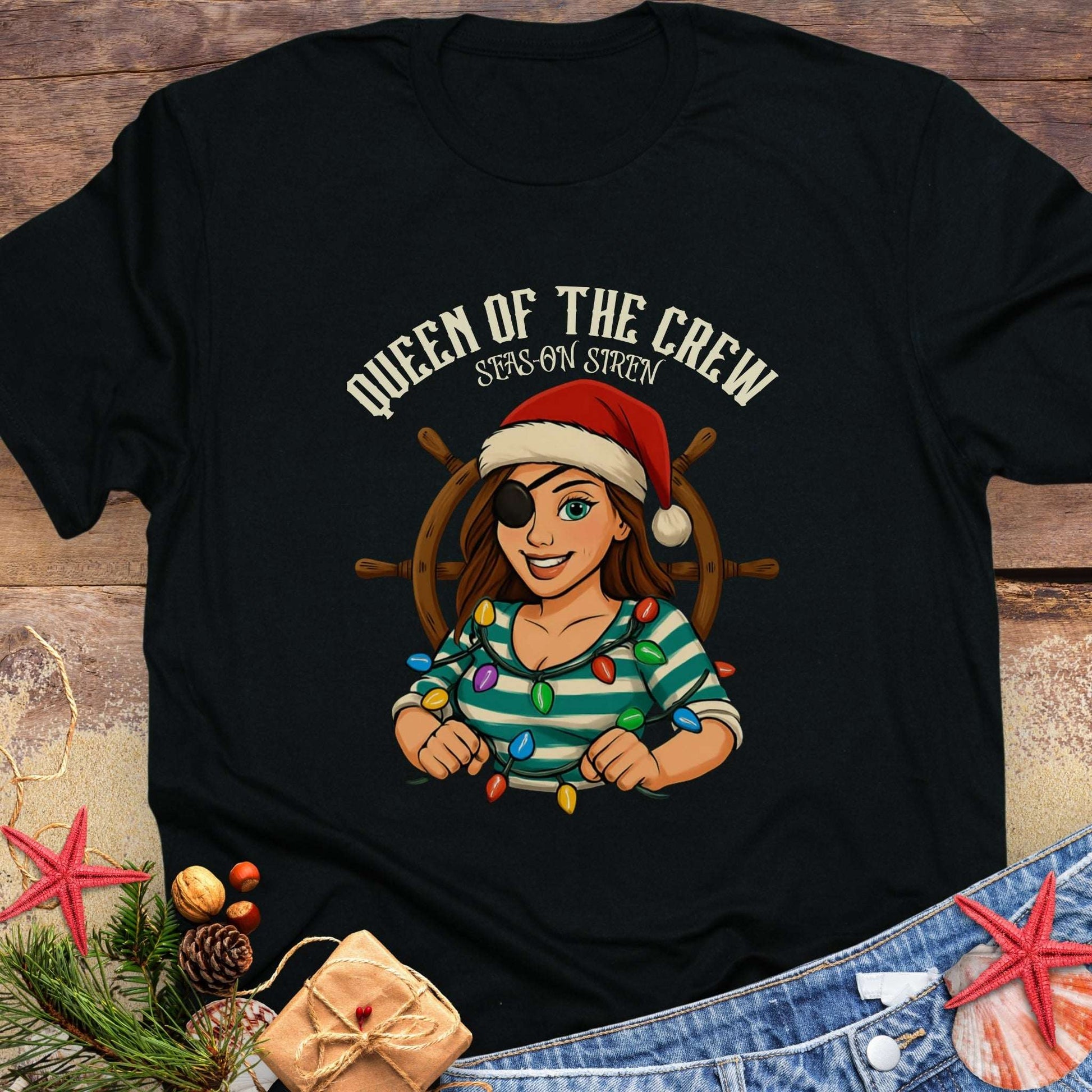 Black t-shirt with a graphic of a woman wearing a Santa hat and holding Christmas lights, with text 'Queen of the Crew, Seas-on Siren' that can be personalized.