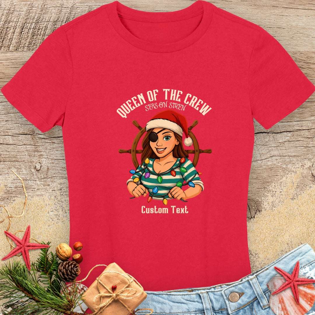 Red women's t-shirt with a cartoon mom pirate design and text 'Queen of the Crew Seas-on Siren' with Christmas decorations that can be personalized.