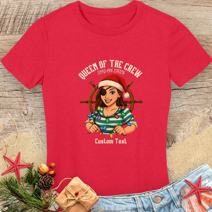 Red women's t-shirt with a cartoon mom pirate design and text 'Queen of the Crew Seas-on Siren' with Christmas decorations that can be personalized.