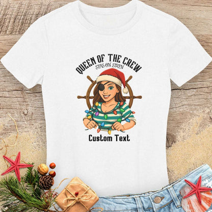White women's t-shirt with a cartoon mom pirate design and text 'Queen of the Crew Seas-on Siren' with Christmas decorations that can be personalized.