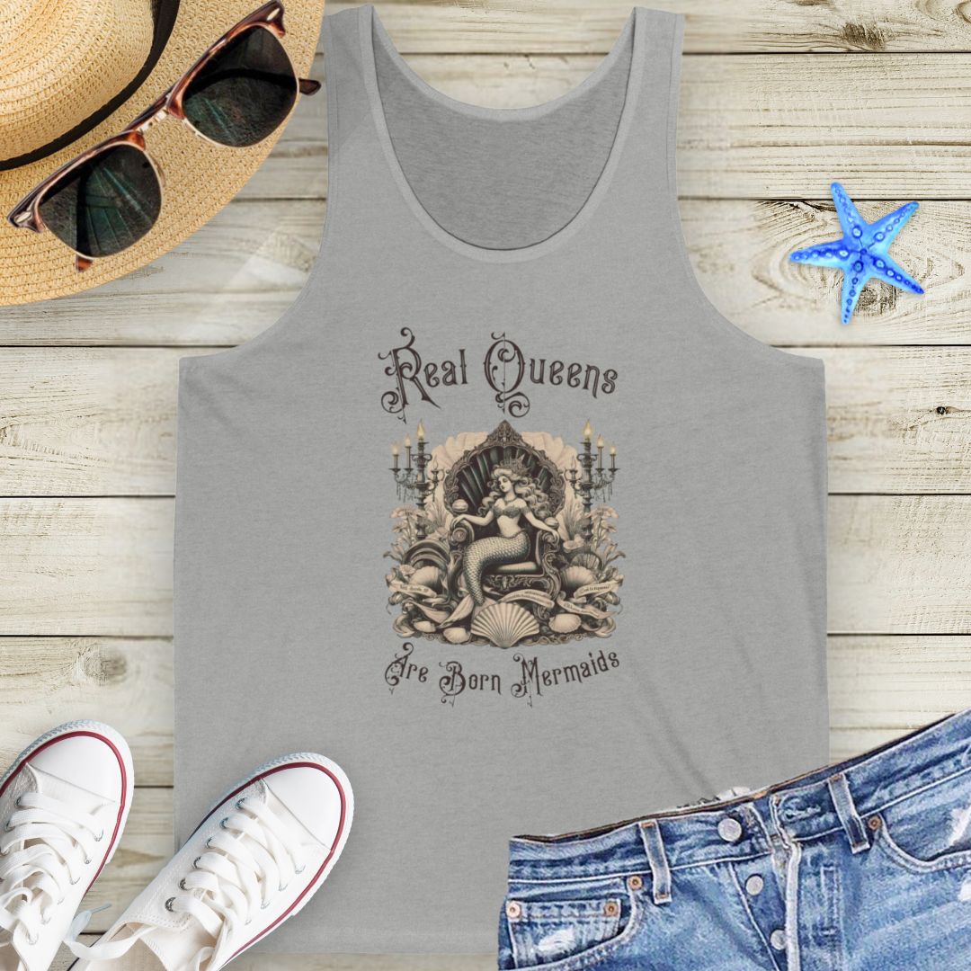 Athletic Gray Victorian-style mermaid sitting on a seashell throne with text “Real Queens Are Born Mermaids” on a soft unisex tank top.