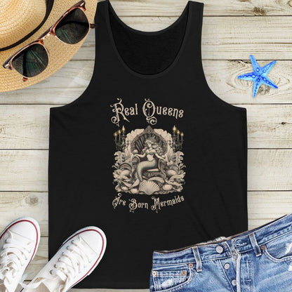 Black Victorian-style mermaid sitting on a seashell throne with text “Real Queens Are Born Mermaids” on a soft unisex tank top.