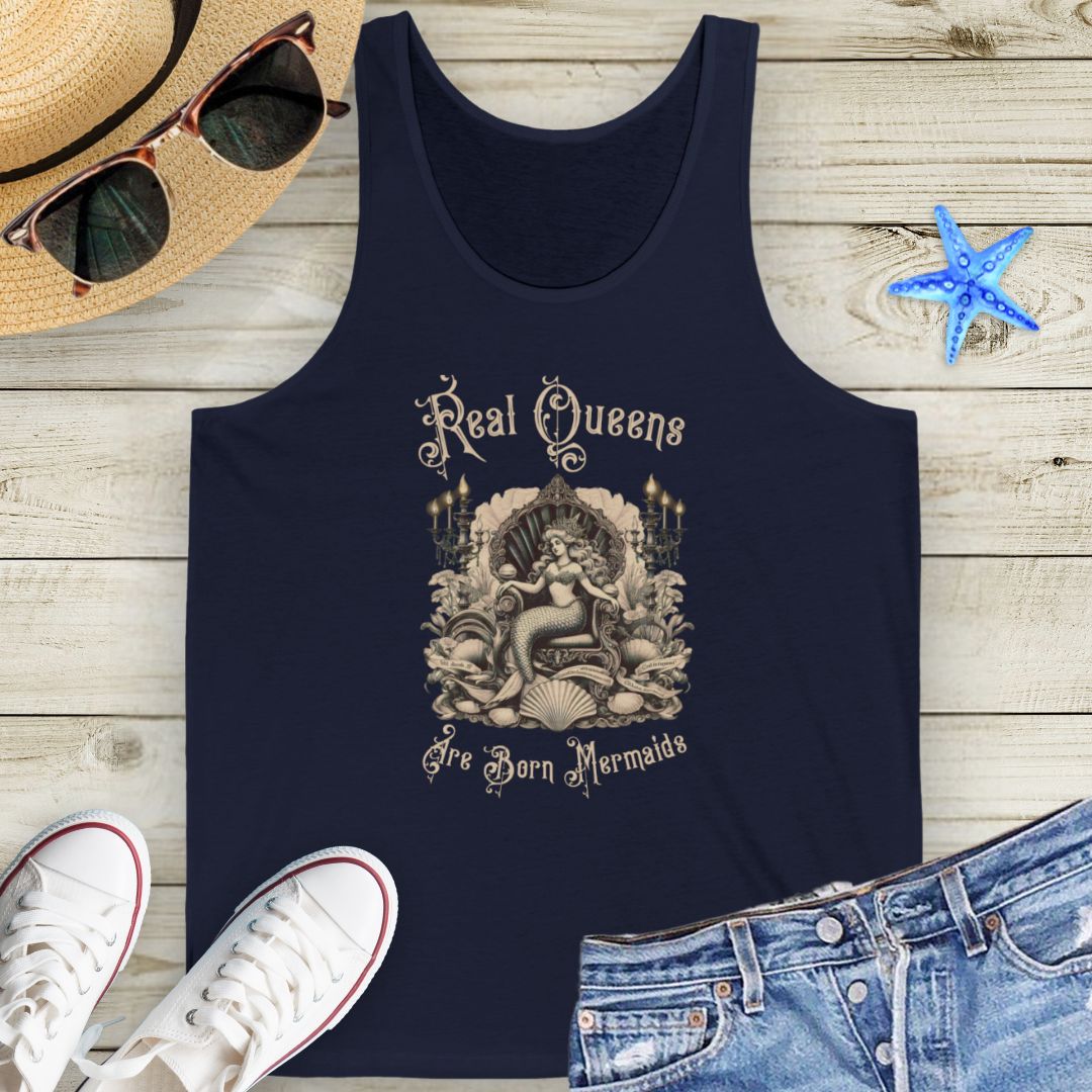 Navy Victorian-style mermaid sitting on a seashell throne with text “Real Queens Are Born Mermaids” on a soft unisex tank top.