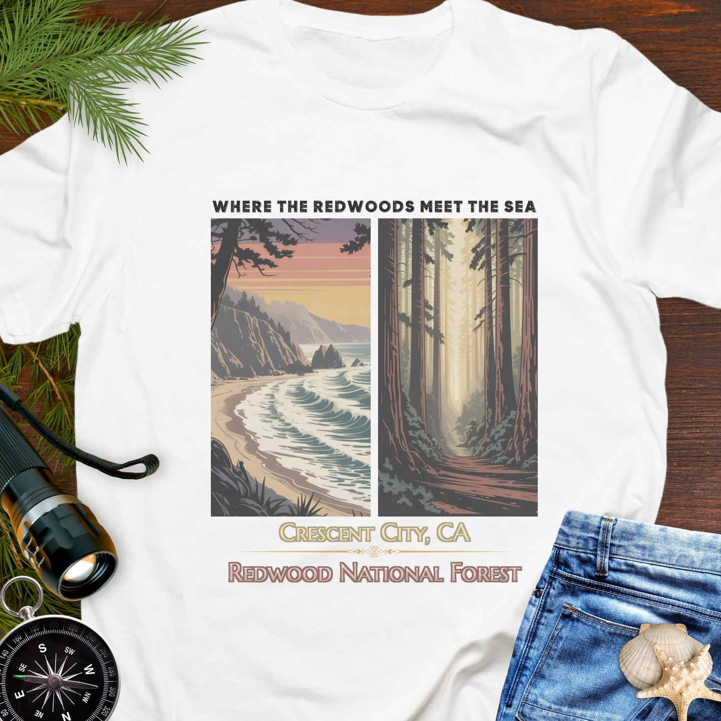 Where the Redwoods meet the sea Crescent City CA with sea and redwood graphic.