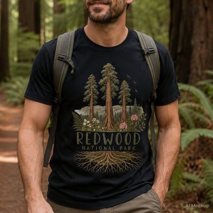 A man wearing a black t-shirt with a detailed graphic of Redwood National Park featuring tall redwood trees, forest foliage, and roots, set against a blurred forest background.
