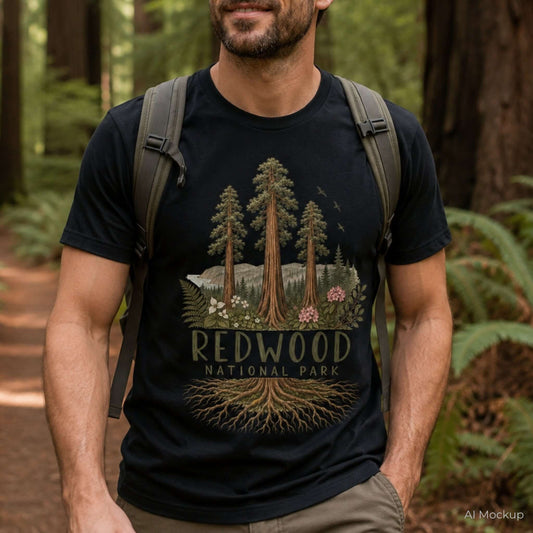 A man wearing a black t-shirt with a detailed graphic of Redwood National Park featuring tall redwood trees, forest foliage, and roots, set against a blurred forest background.