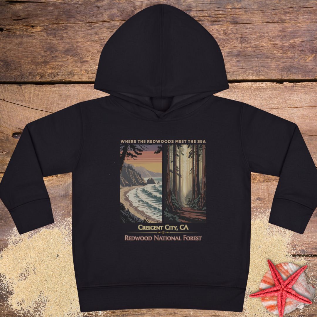 A black Crescent City toddler hoodie featuring vintage redwood forest and Pacific coast Where the Redwoods Meet the Sea artwork.