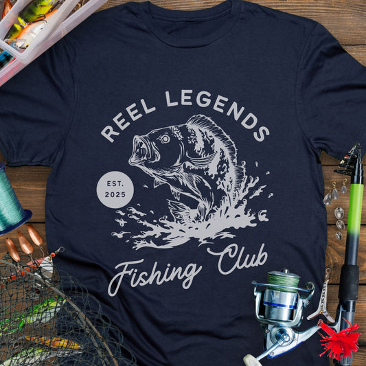 Navy Blue Reel Legends Fishing Club Unisex T-shirt perfect for a fishing enthusiast.