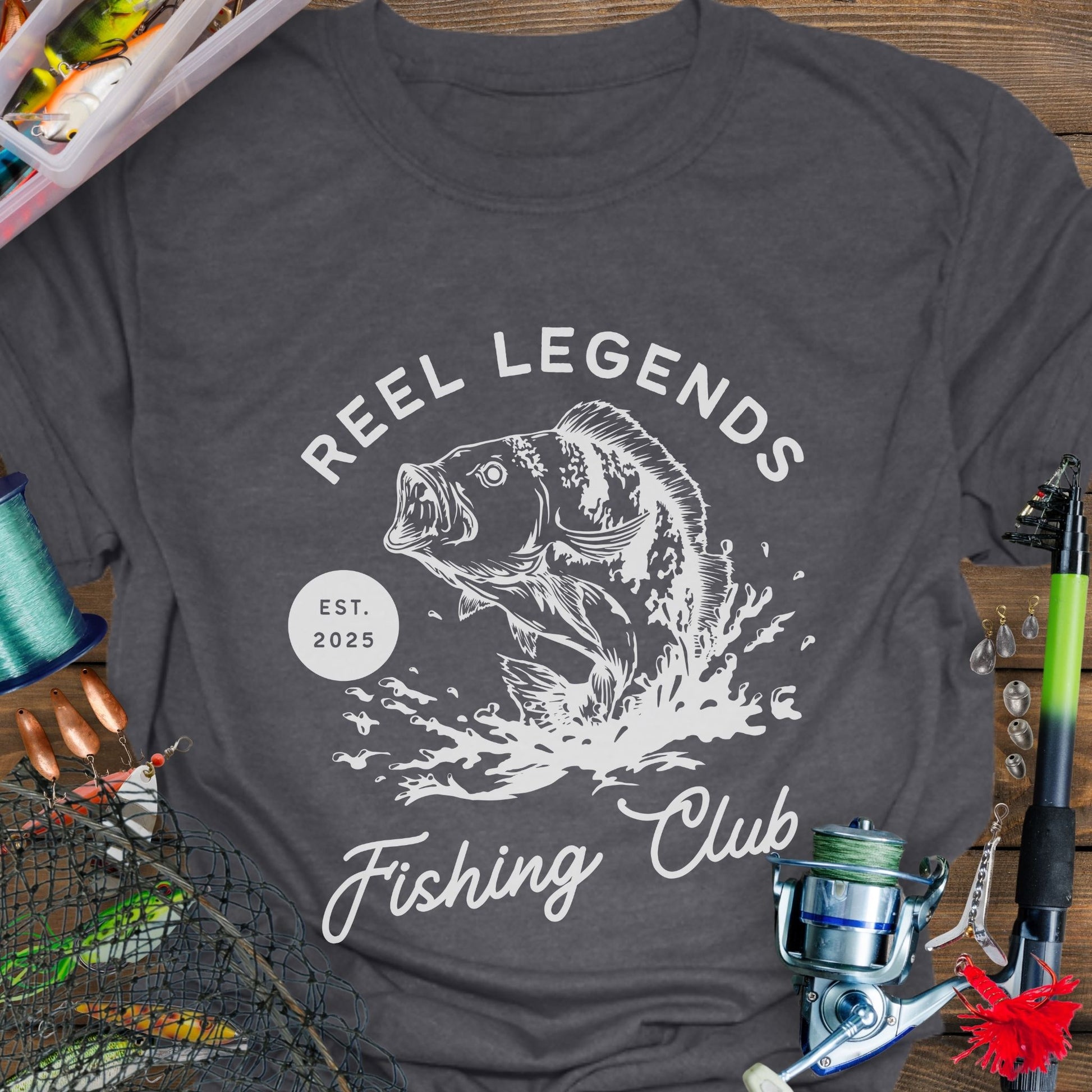 Dark Heather Reel Legends Fishing Club Unisex T-shirt perfect for a fishing enthusiast.