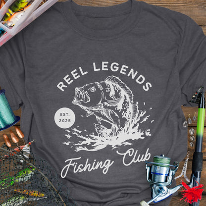 Dark Heather Reel Legends Fishing Club Unisex T-shirt perfect for a fishing enthusiast.