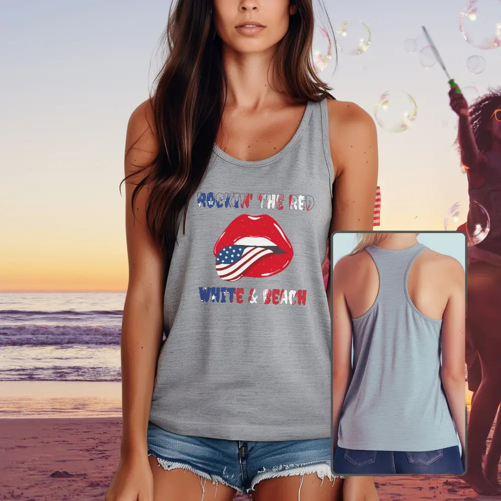 Gray tank top with rolling stone lips with the american flag tongue with flag text that says Rockin' the Red White and Blue