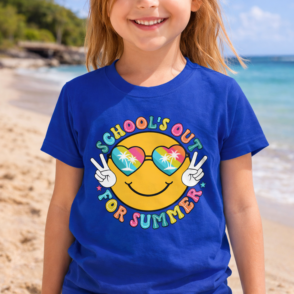 Child wearing a Royal Blue kids t-shirt with “School’s Out for Summer” text and smiley face wearing heart sunglasses with palm trees, making peace signs.