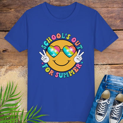 Royal Blue kids t-shirt with “School’s Out for Summer” text and smiley face wearing heart sunglasses with palm trees, making peace signs.