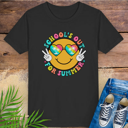 Black kids t-shirt with “School’s Out for Summer” text and smiley face wearing heart sunglasses with palm trees, making peace signs.