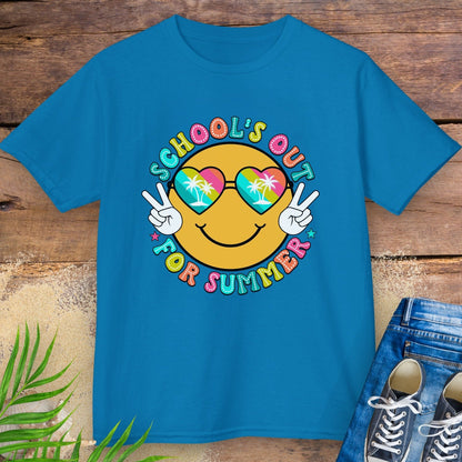 Sapphire Blue kids t-shirt with “School’s Out for Summer” text and smiley face wearing heart sunglasses with palm trees, making peace signs.