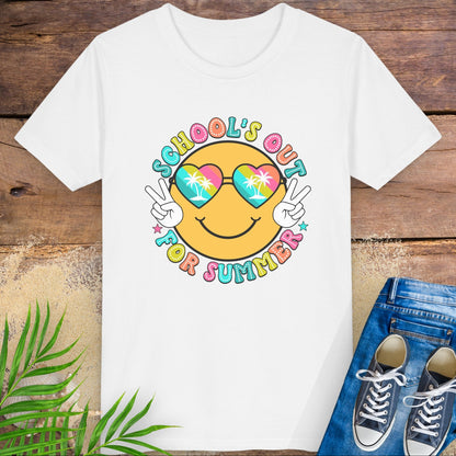 White kids t-shirt with “School’s Out for Summer” text and smiley face wearing heart sunglasses with palm trees, making peace signs.
