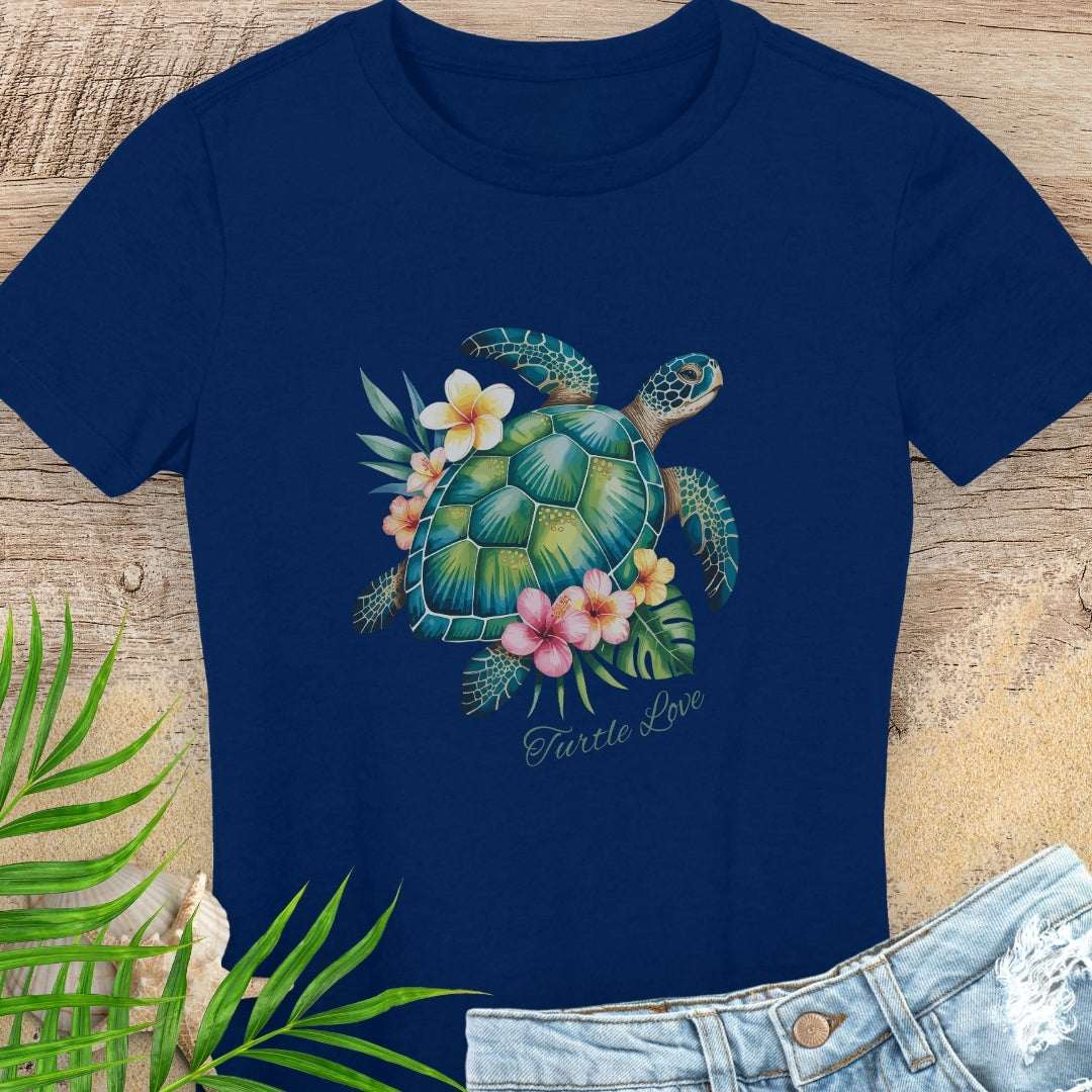 Navy blue woman's t-shirt with a sea turtle and hibiscus flower design.